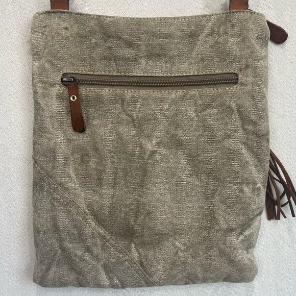 Myra Bag Boho Mixed Media Cotton Leather Canvas Burlap Patchwork Shoulder Bag - Picture 16 of 16